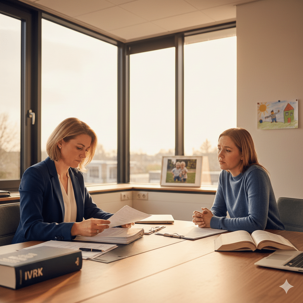 Lawyer consulting with parent about child protection law in modern Law & More office, with legal documents and IVRK law books on desk