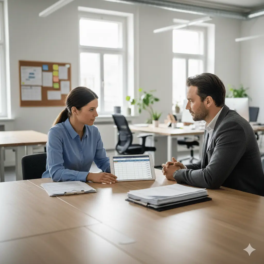 Business meeting in modern office setting.