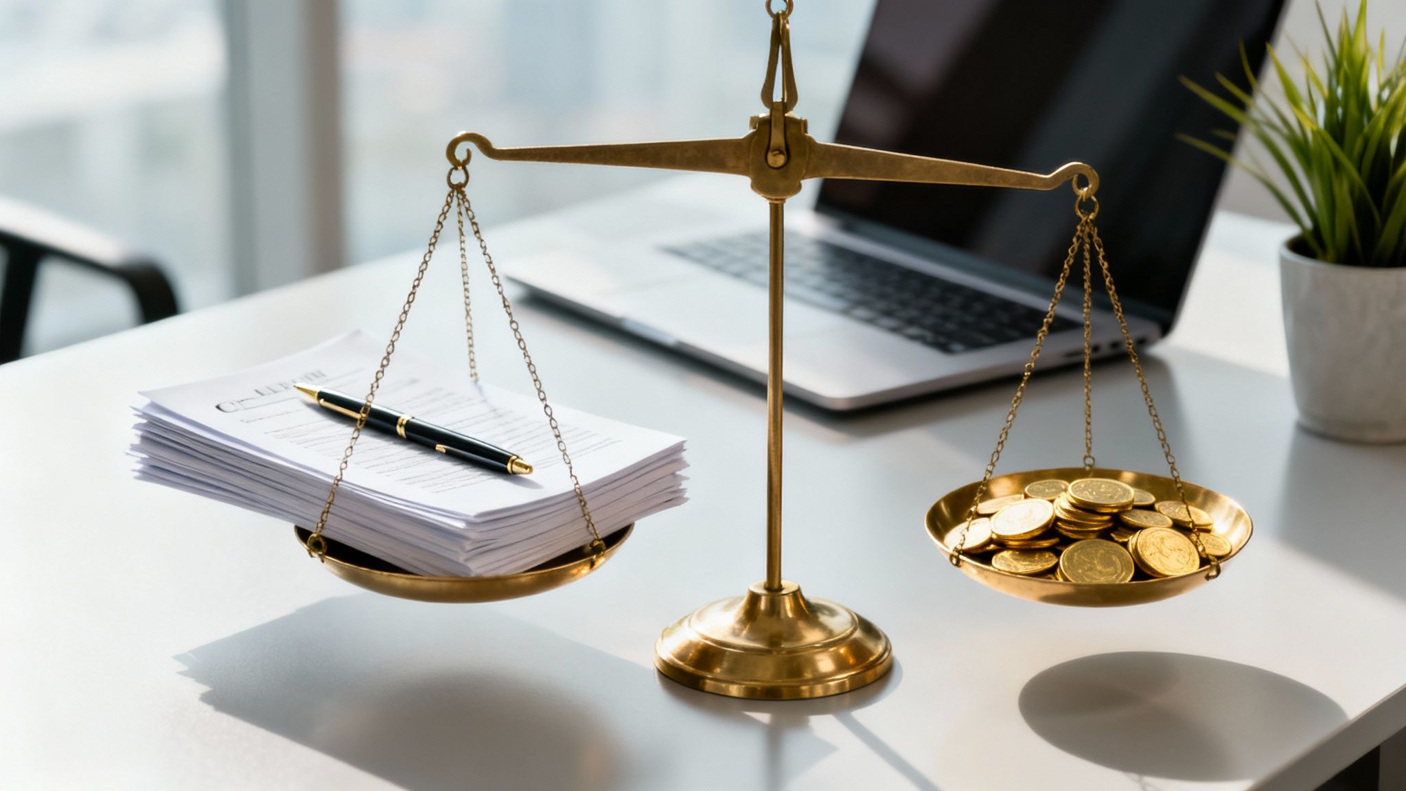 A set of gold justice scales on a white desk. One side holds a stack of legal documents and a pen, while the other holds a pile of gold coins, symbolizing the cost of legal services or financial justice