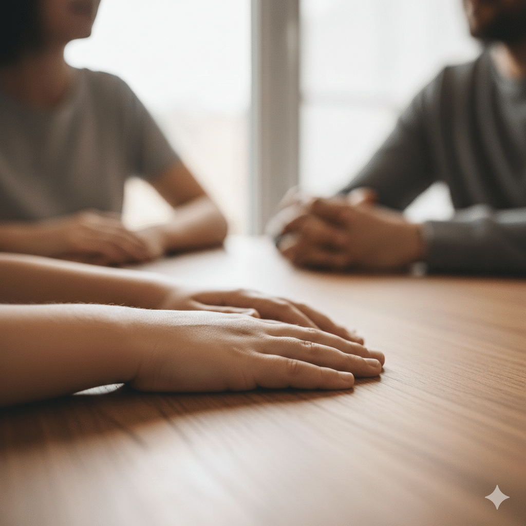 Hands of a child, present during a conversation about visitation arrangement.