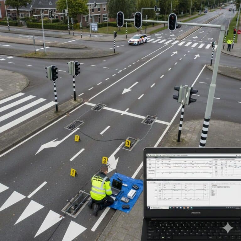 სასამართლო ექსპერტი საგზაო მოძრაობის გამომძიებელი აანალიზებს ნიდერლანდების გზის საფარში ჩამონტაჟებულ ინდუქციურ მარყუჟებს საგზაო მოძრაობის სისხლის სამართლის საქმისთვის, აერო ხედი აჩვენებს აღმოჩენის სისტემებს.