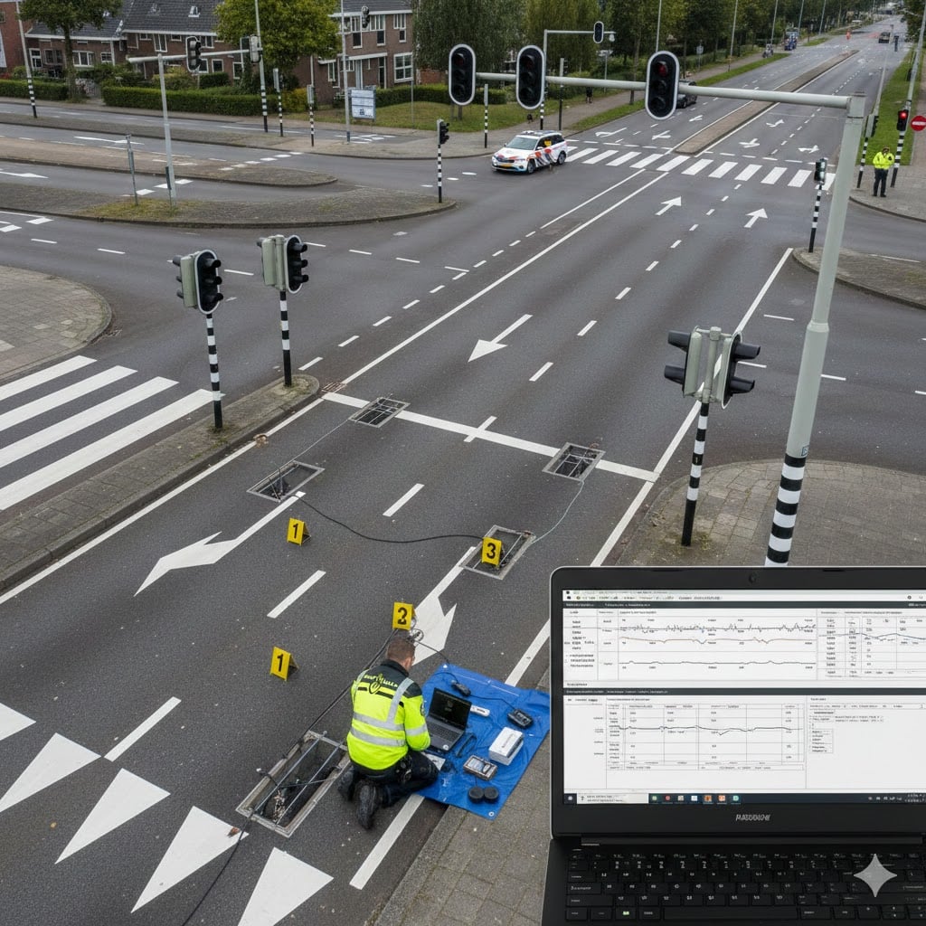 Forensic traffic investigator analyzing induction loops embedded in Dutch road surface at intersection for traffic criminal case, aerial view showing detection systems