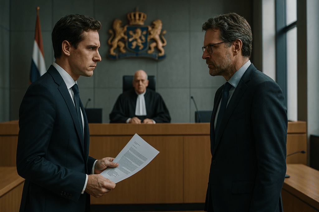 Two men discussing in a court room