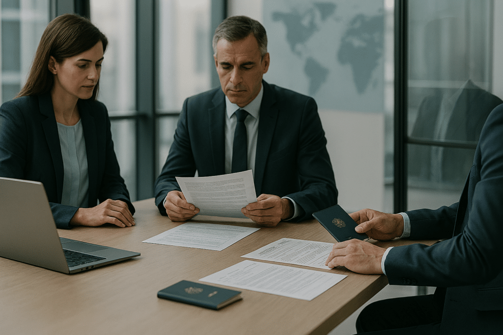 Mesyuarat perniagaan dengan dokumen dan pasport.