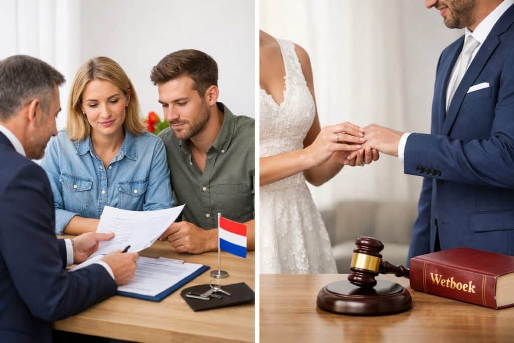 Two couples in separate scenes, one reviewing legal documents with a lawyer, the other exchanging rings in a civil ceremony, with subtle Dutch elements in the background.
