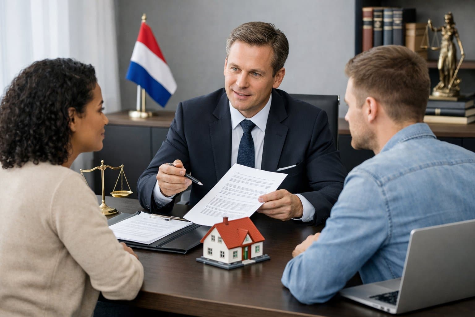 A couple consulting a lawyer in an office about legal documents related to property and asset division.