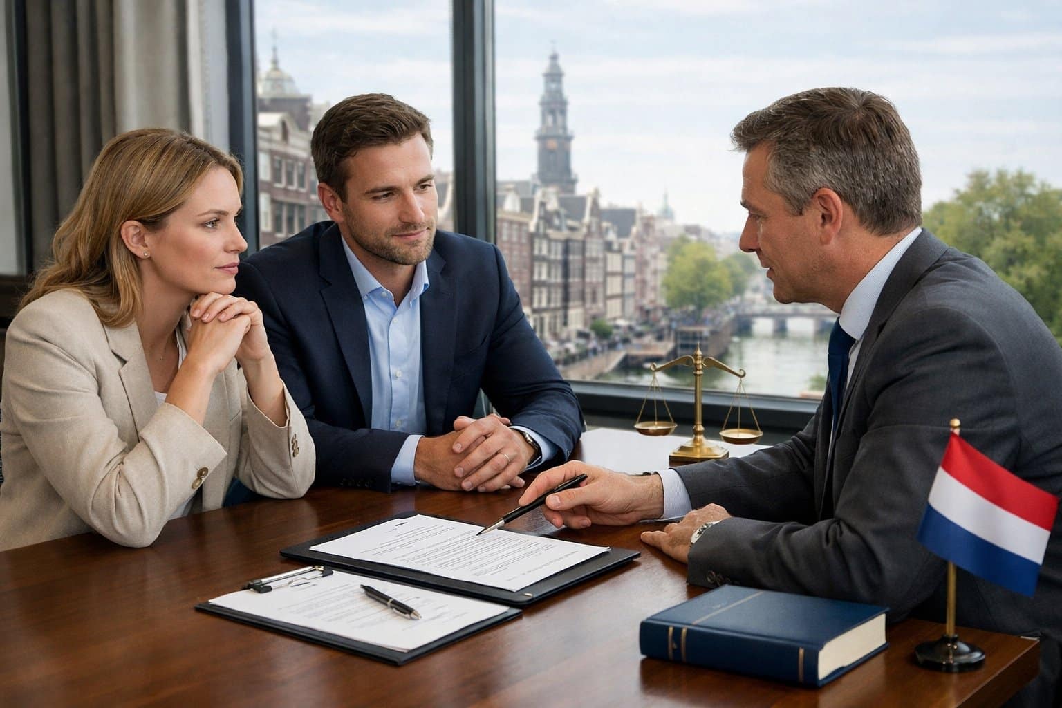 A couple discussing legal documents with a lawyer in a modern office overlooking a Dutch cityscape.