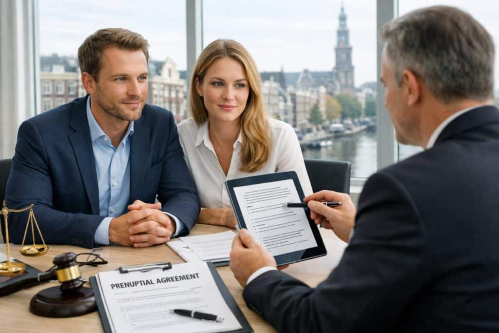 A Dutch couple consulting a lawyer in a bright office with legal documents on the desk and a city view in the background.