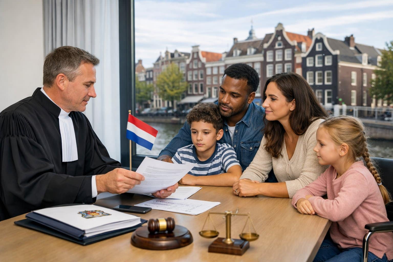 Isang magkakaibang pamilya na may mga anak na nakikipagkita sa isang legal na propesyonal sa isang maliwanag na opisina na may tanawin ng isang lungsod sa Netherlands.