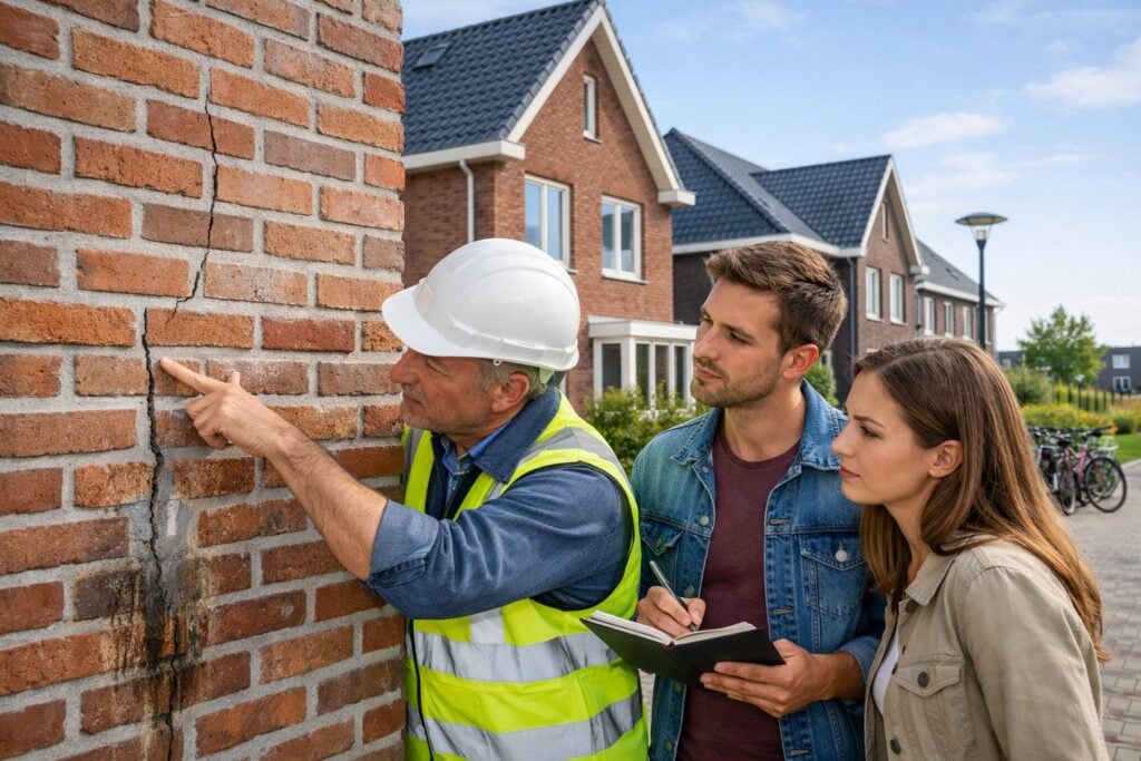 A construction inspector examining defects on a newly built house while a couple listens attentively in a modern Dutch residential area.