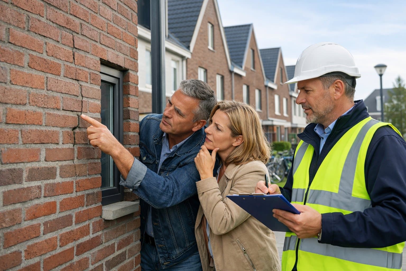 A couple inspecting a newly built Dutch house with a building inspector taking notes nearby on a sunny day.