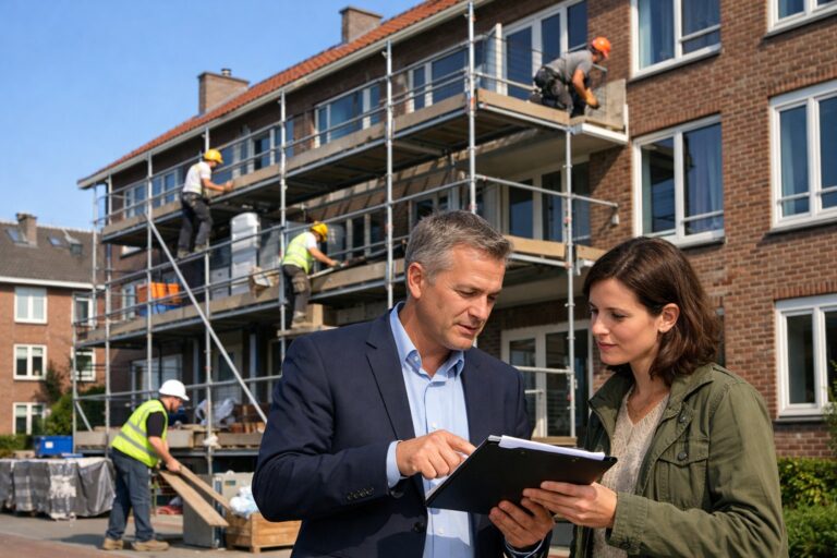 A landlord and tenant discussing documents outside a Dutch apartment building under renovation with workers on scaffolding.