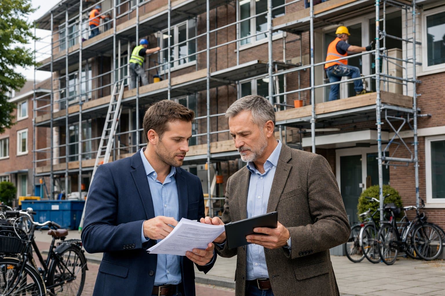 A tenant and landlord discussing documents outside a Dutch apartment building undergoing renovation with scaffolding and workers present.