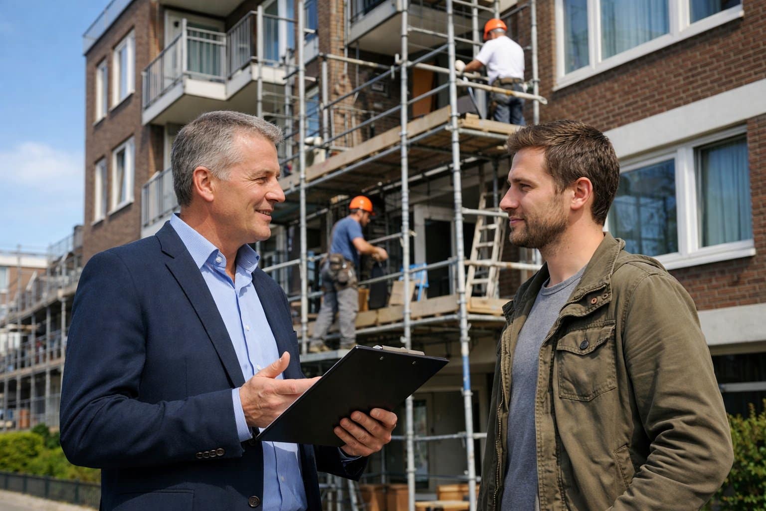 A landlord and tenant talking outside a Dutch apartment building undergoing renovation, with workers and scaffolding visible in the background.