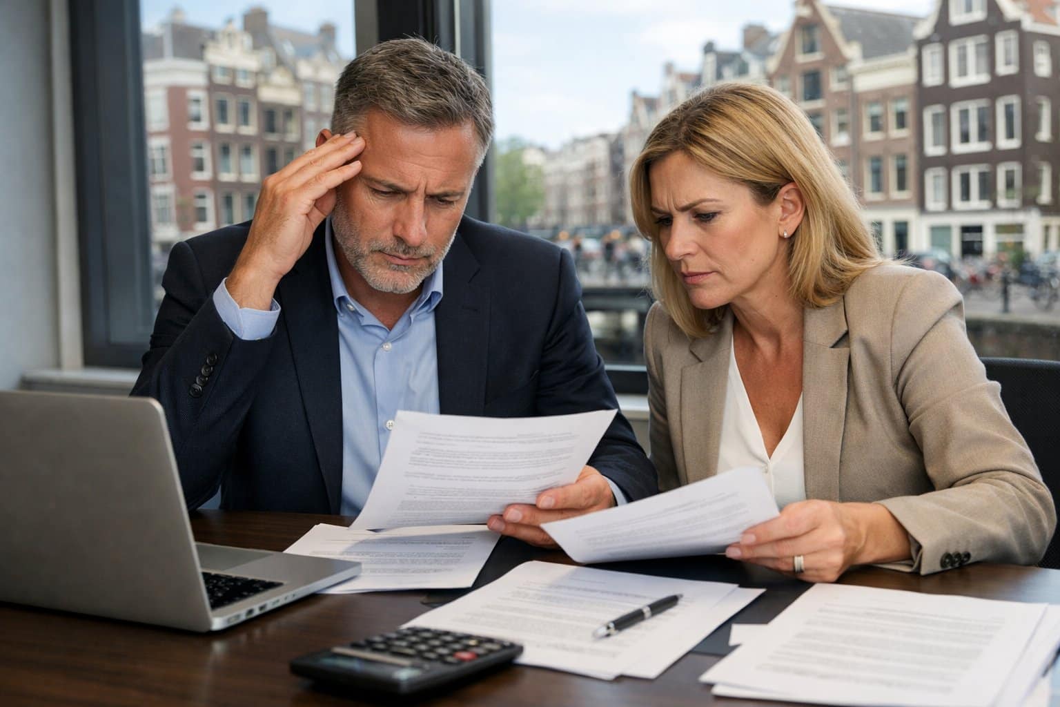 A man and woman reviewing documents at an office desk with Dutch canal houses visible through a window behind them.