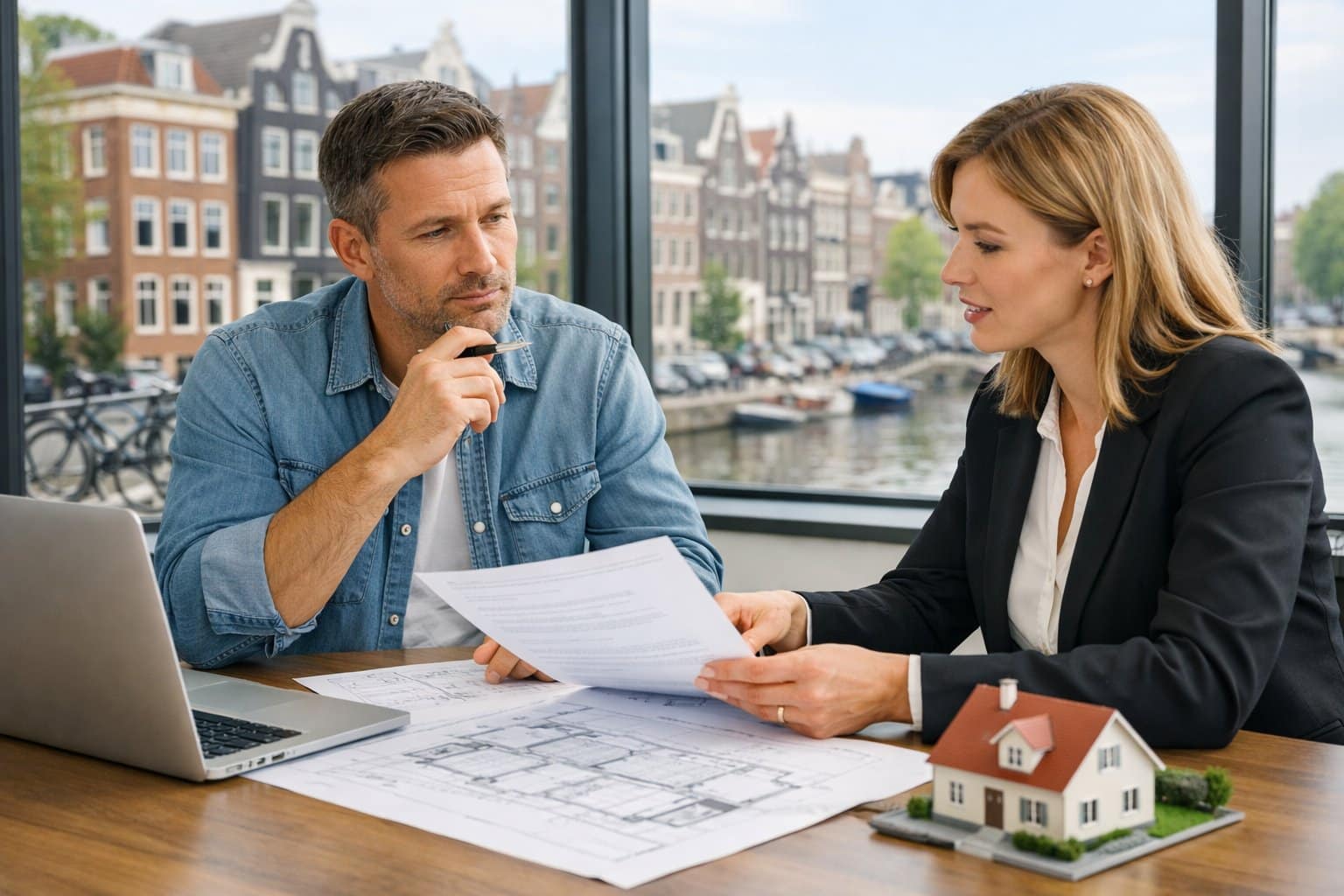 A real estate agent and client discussing property documents in an office with a view of Dutch canal houses outside.