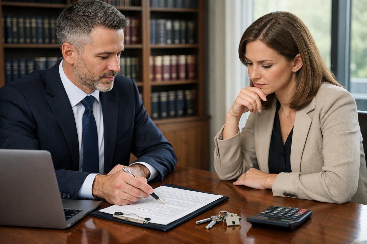 A man and a woman discussing legal documents about property purchase withdrawal in a modern office.