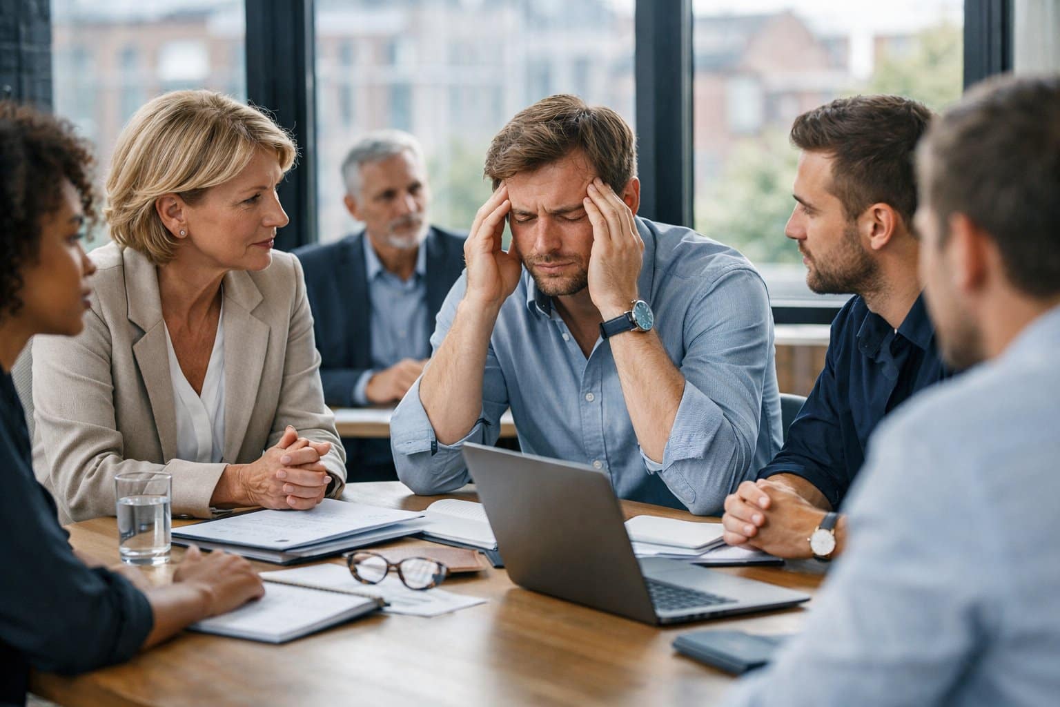 A group of office workers in a meeting room, with one employee looking stressed while the manager listens attentively.