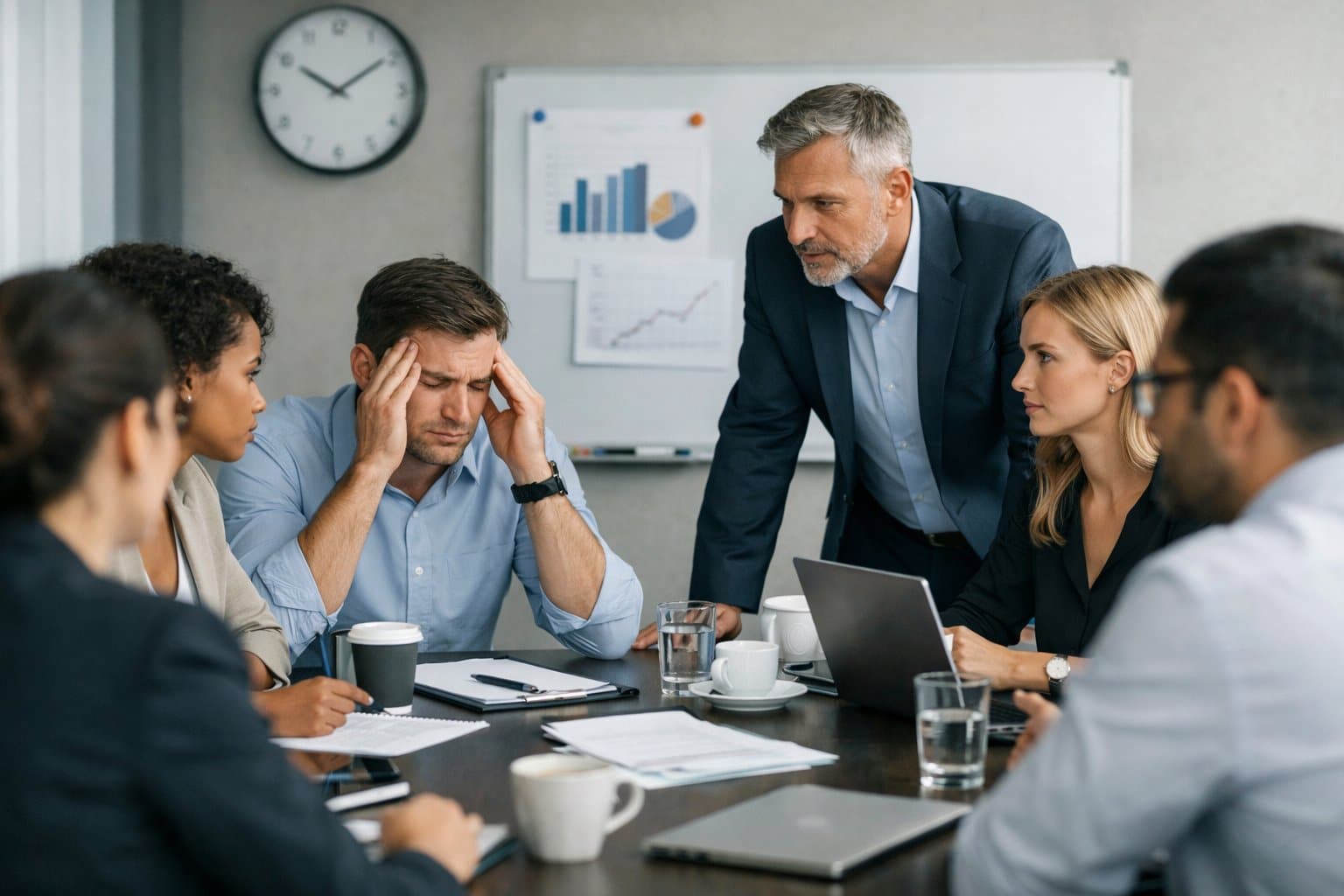 A group of office workers in a meeting, one looking tired while others listen attentively around a conference table.