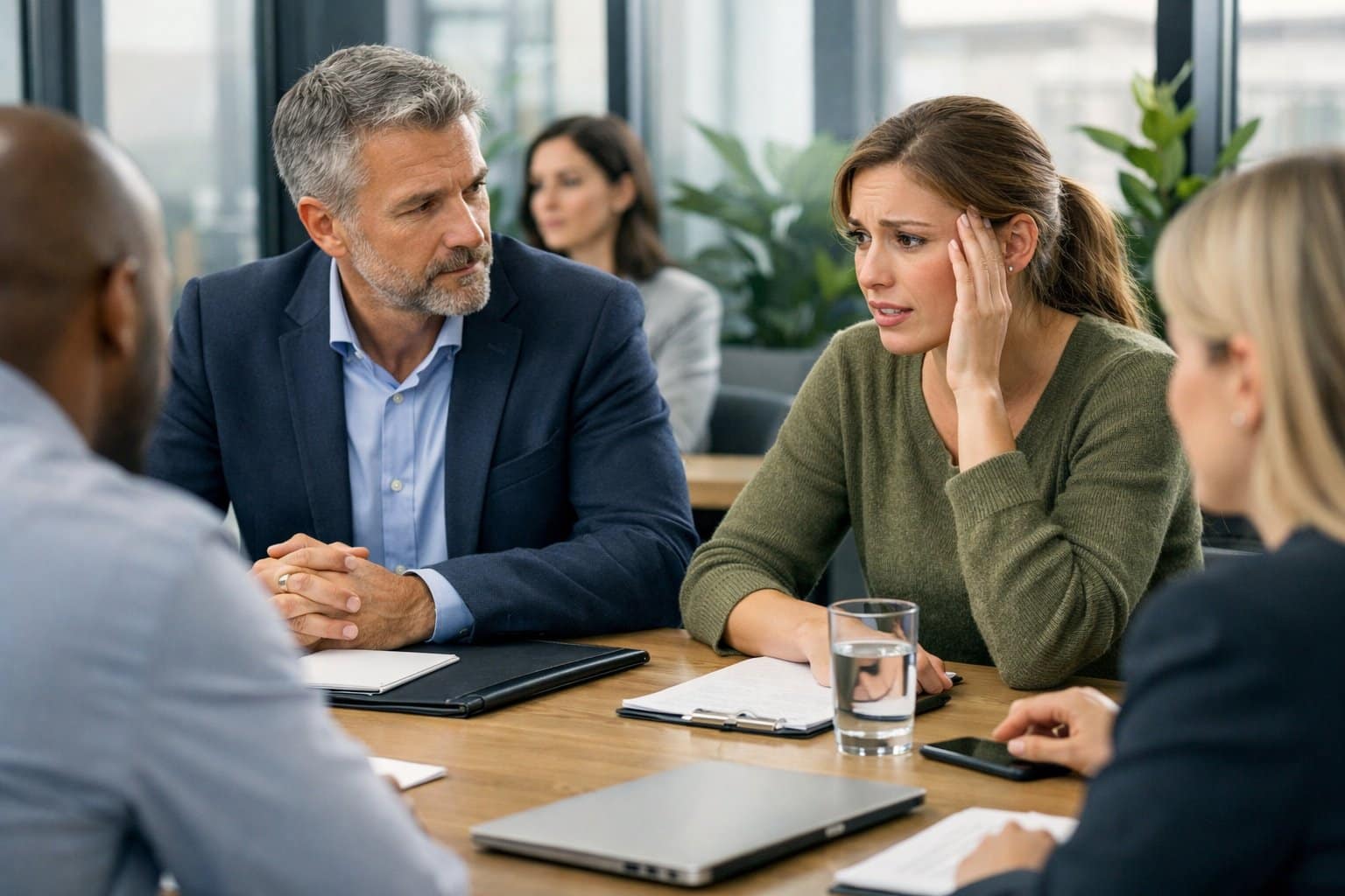 A group of employees and a manager having a serious discussion in a modern office meeting room.