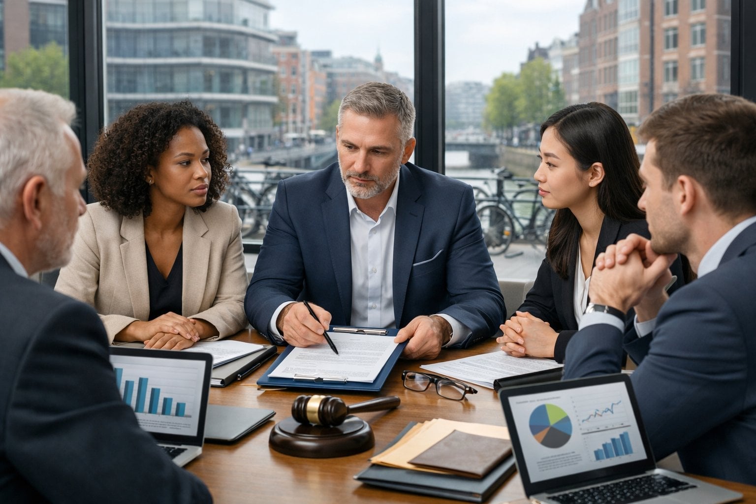 A group of professionals discussing documents around a conference table in an office with a view of a Dutch cityscape outside.
