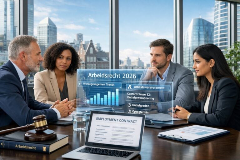A group of business professionals discussing legal documents around a conference table in a modern office with a city view.
