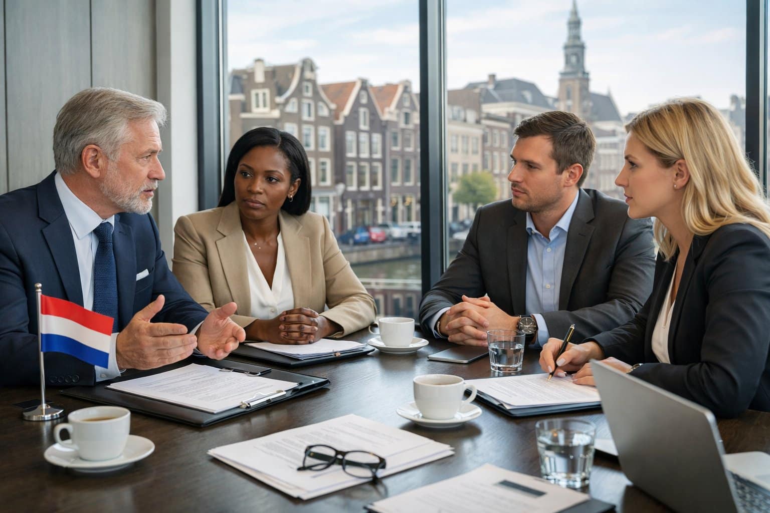 Business professionals having a serious meeting in a modern office with views of a Dutch cityscape outside the window.