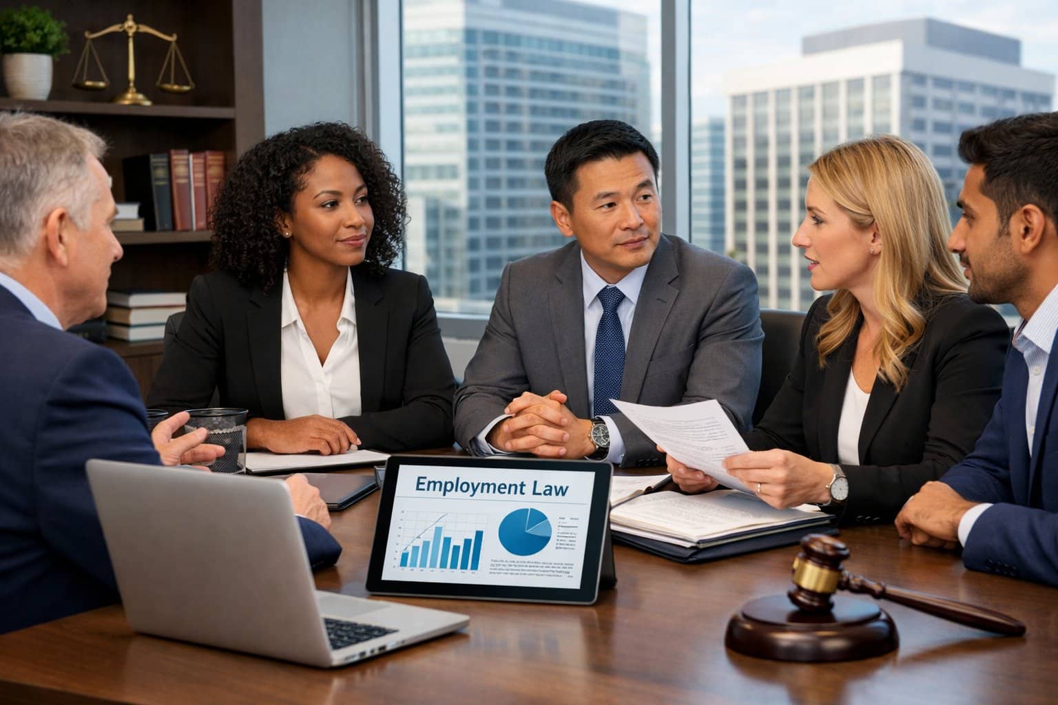 A group of business professionals discussing documents around a conference table in a modern office with a city view.