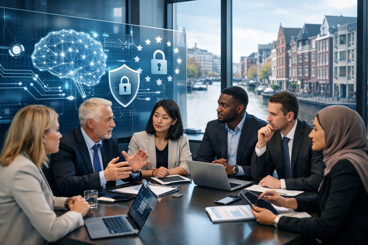Business professionals discussing AI and data privacy risks in a modern Dutch office with digital technology visuals in the background.