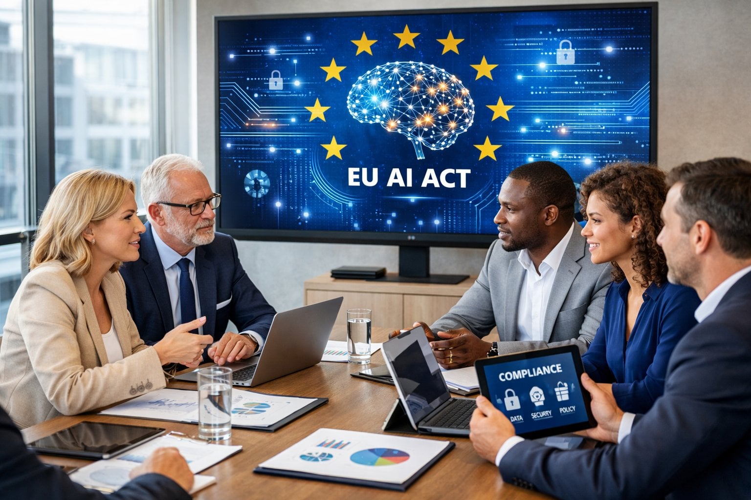 A group of business professionals discussing documents and laptops around a conference table with a digital screen showing EU symbols and AI icons in the background.