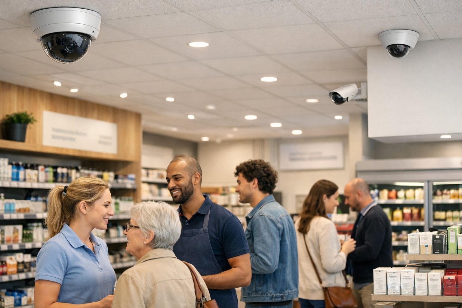 A retail store interior in the Netherlands with CCTV cameras visible on the ceiling, employees and customers interacting near store shelves.