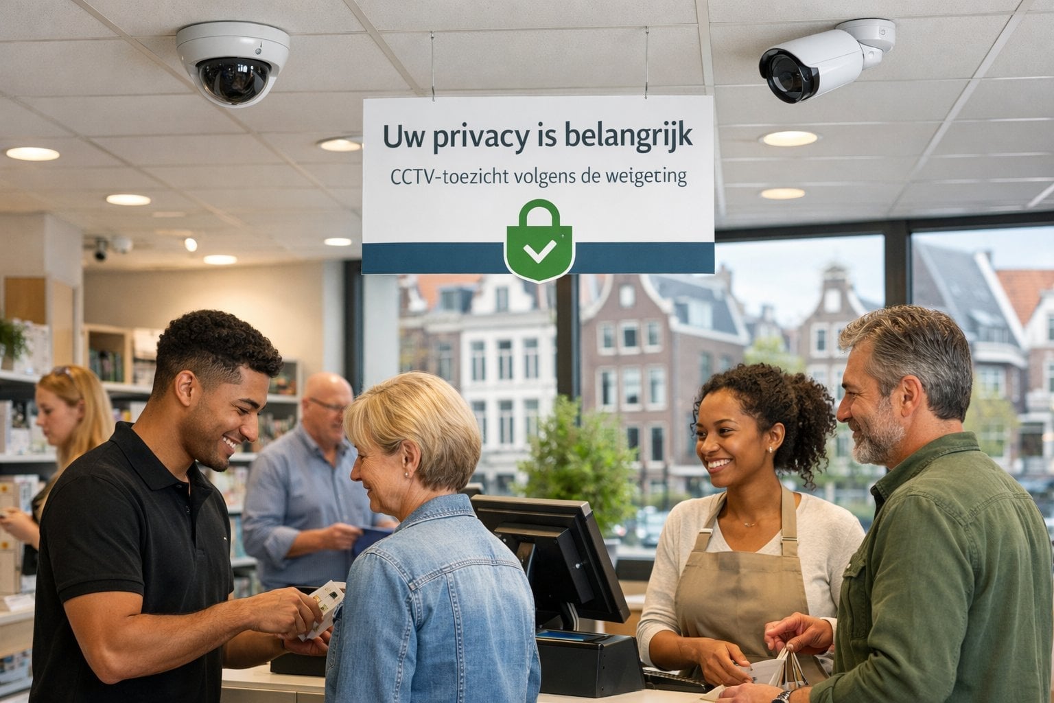 Interior of a modern retail store in the Netherlands with CCTV cameras visible and people shopping and working.