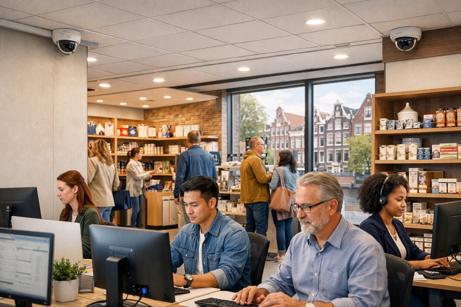 A modern office and retail space with CCTV cameras installed, employees working, and customers browsing products.