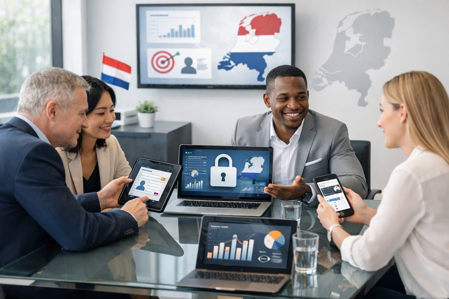 A group of professionals working together with laptops and tablets showing data and analytics in a modern office with subtle Dutch-themed elements.