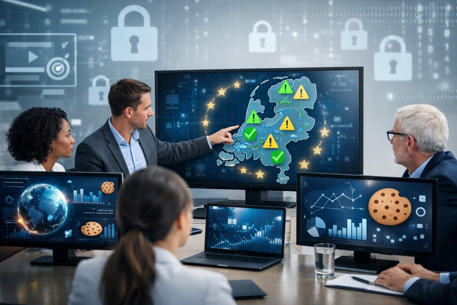 A group of professionals in an office discussing data analytics with computer screens showing charts and a map of the Netherlands.