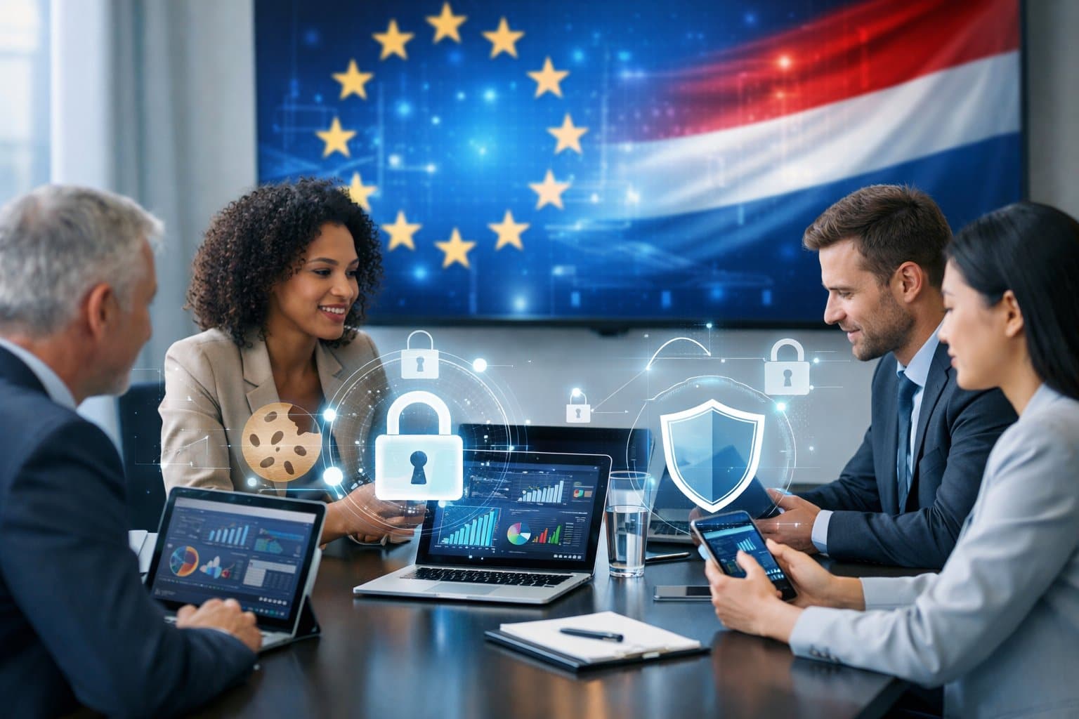 A group of professionals working together around a table with digital devices showing data and privacy icons, in a bright office setting.