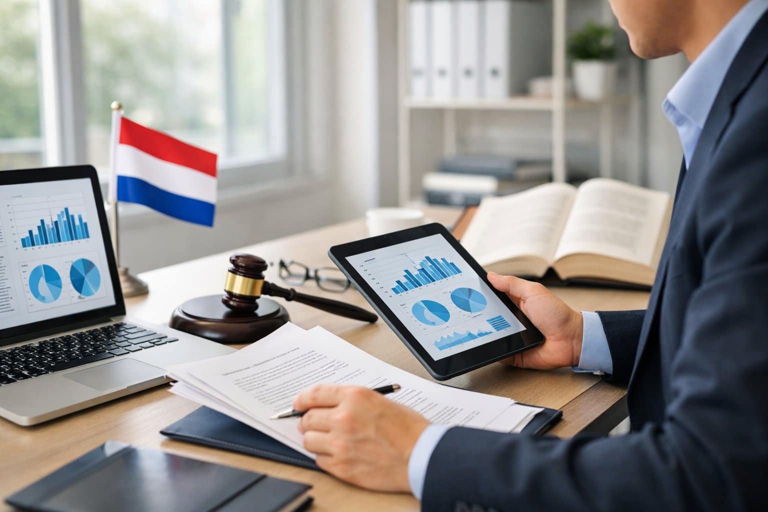 A business professional in an office reviewing documents and digital data related to legal and data management, with a laptop and office supplies on the desk.