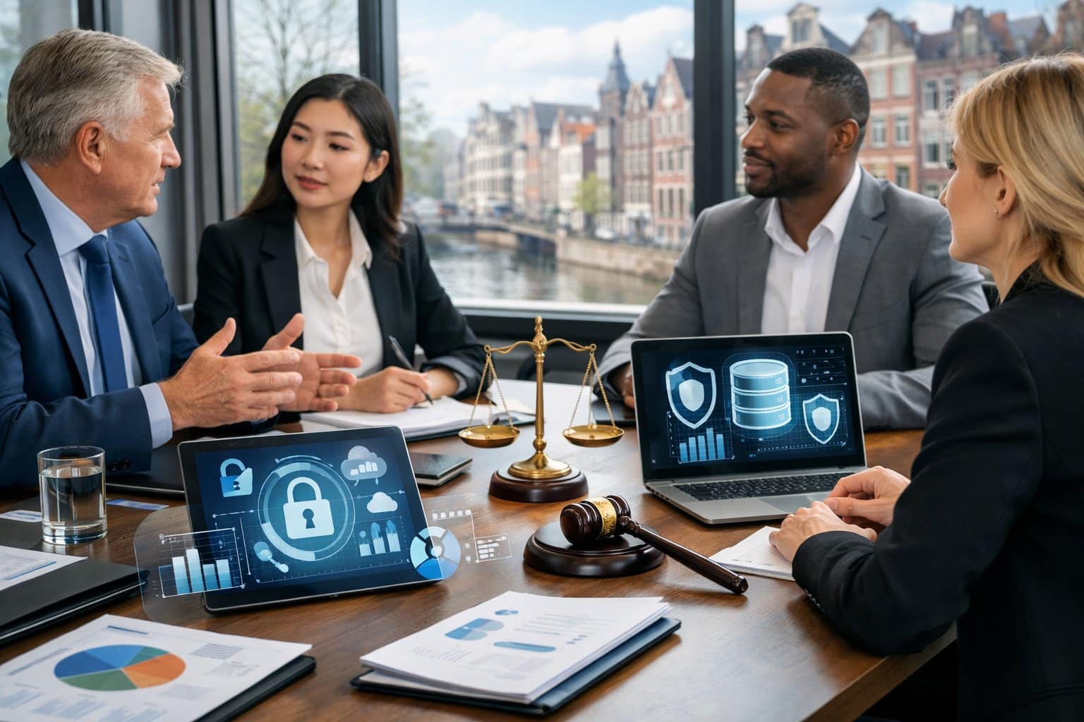 Business professionals discussing data privacy and legal compliance in a modern office with a city view featuring Dutch architecture.
