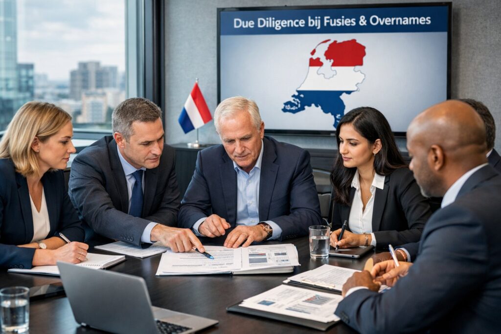 A group of professionals in a modern office meeting room reviewing documents and laptops during a business discussion.