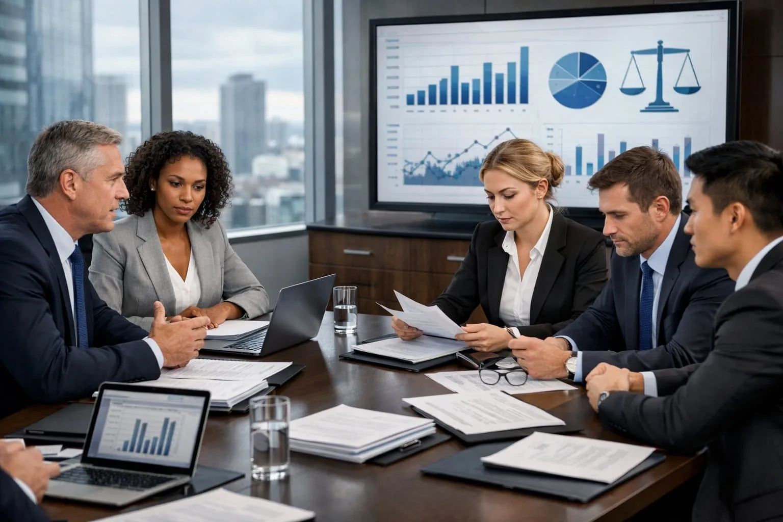 A group of business professionals in a meeting room reviewing documents and charts related to a corporate transaction.