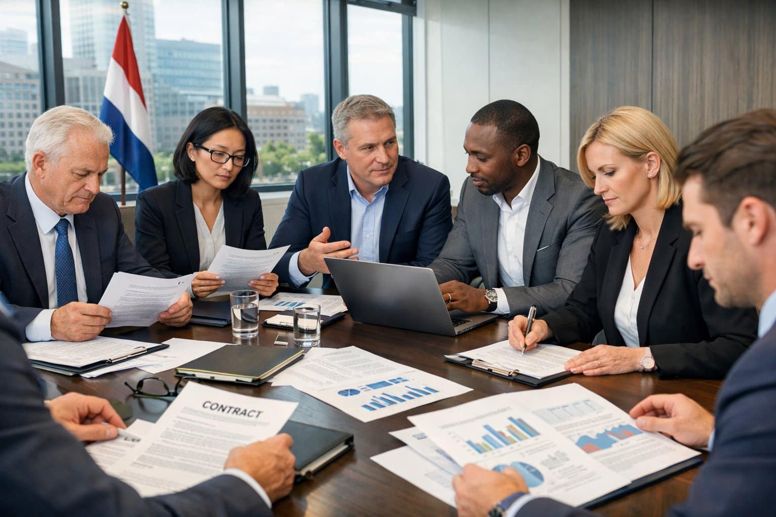 A group of professionals in a meeting room reviewing documents and laptops, discussing legal matters related to Dutch business transactions.