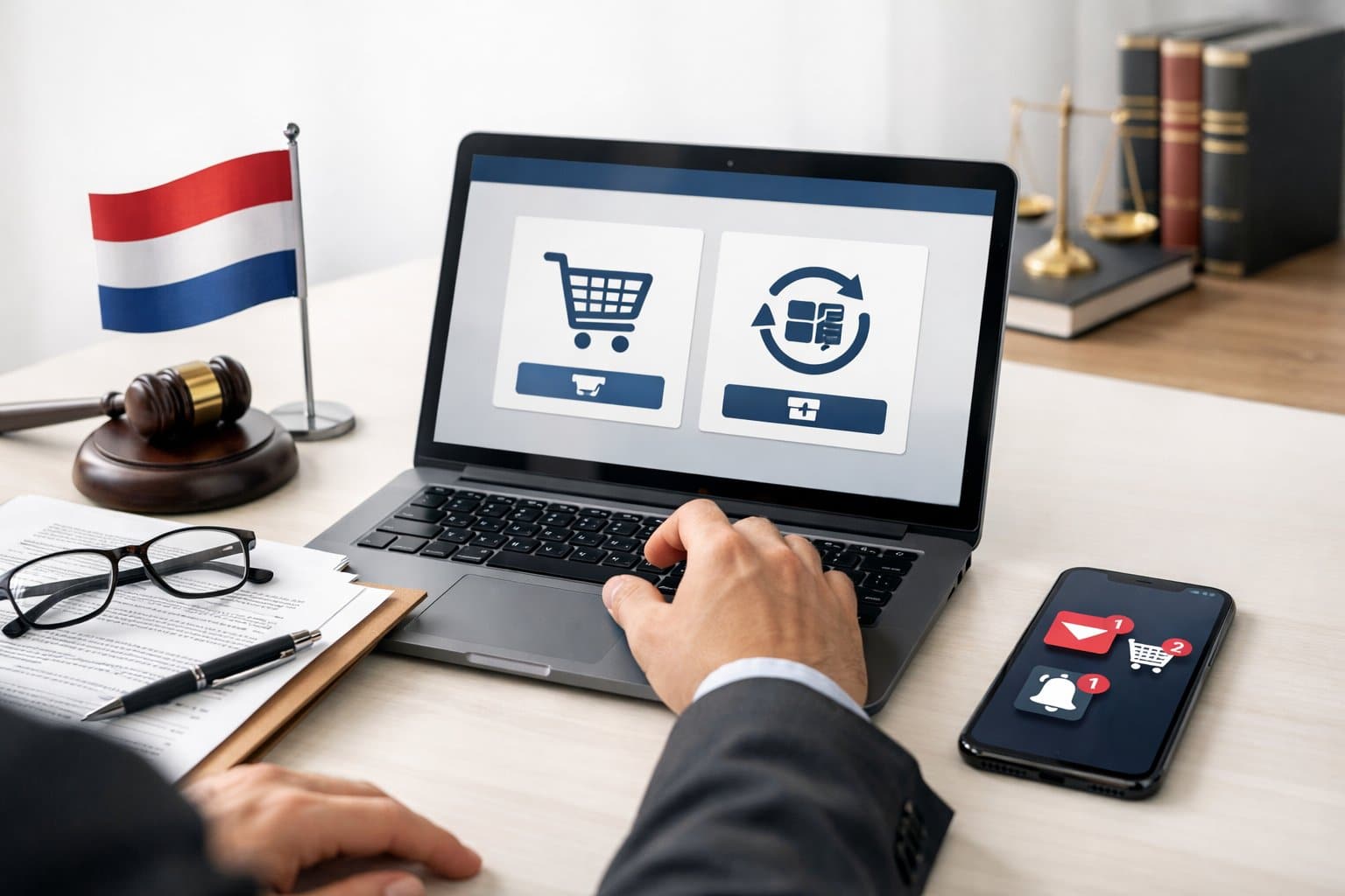 A person using a laptop at a desk with a small Dutch flag, legal documents, and a smartphone nearby, representing online purchases and subscriptions.