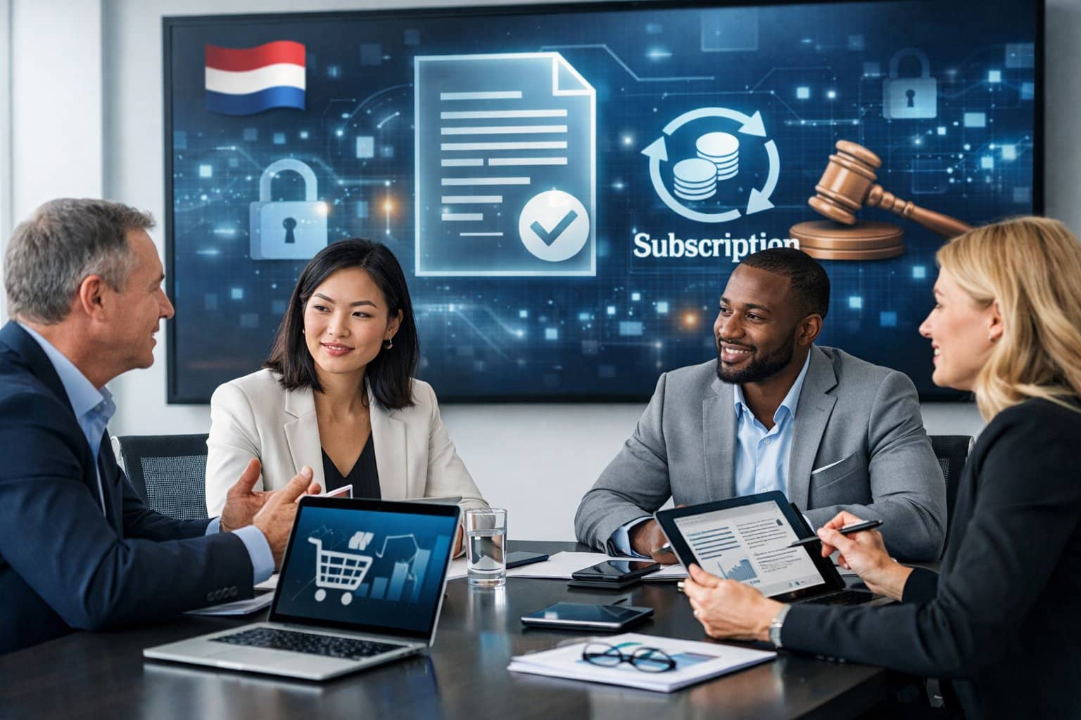 A group of professionals discussing digital contracts and subscriptions around a conference table with laptops and tablets in a modern office.