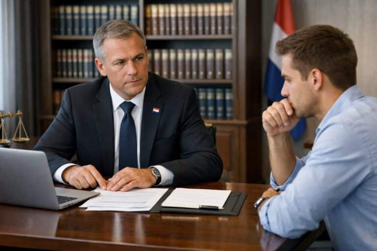 A lawyer and a client having a serious discussion across a desk in a law office with legal documents and books in the background.