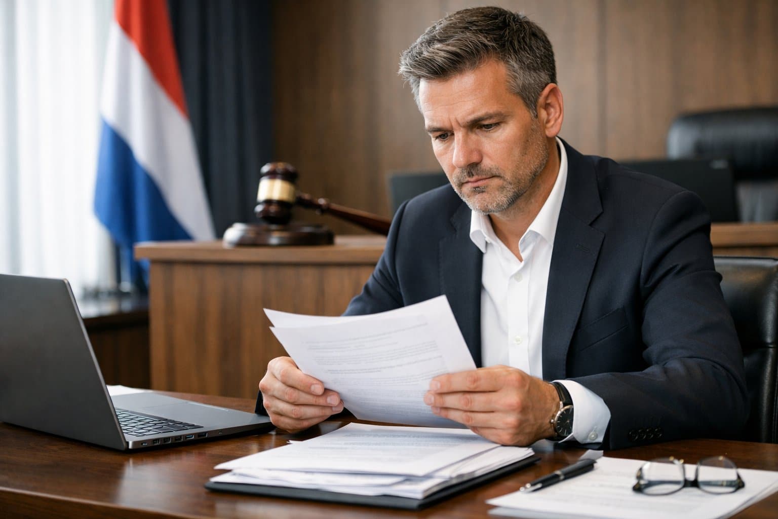 A Dutch lawyer in a courtroom office reviewing legal documents related to a criminal case.