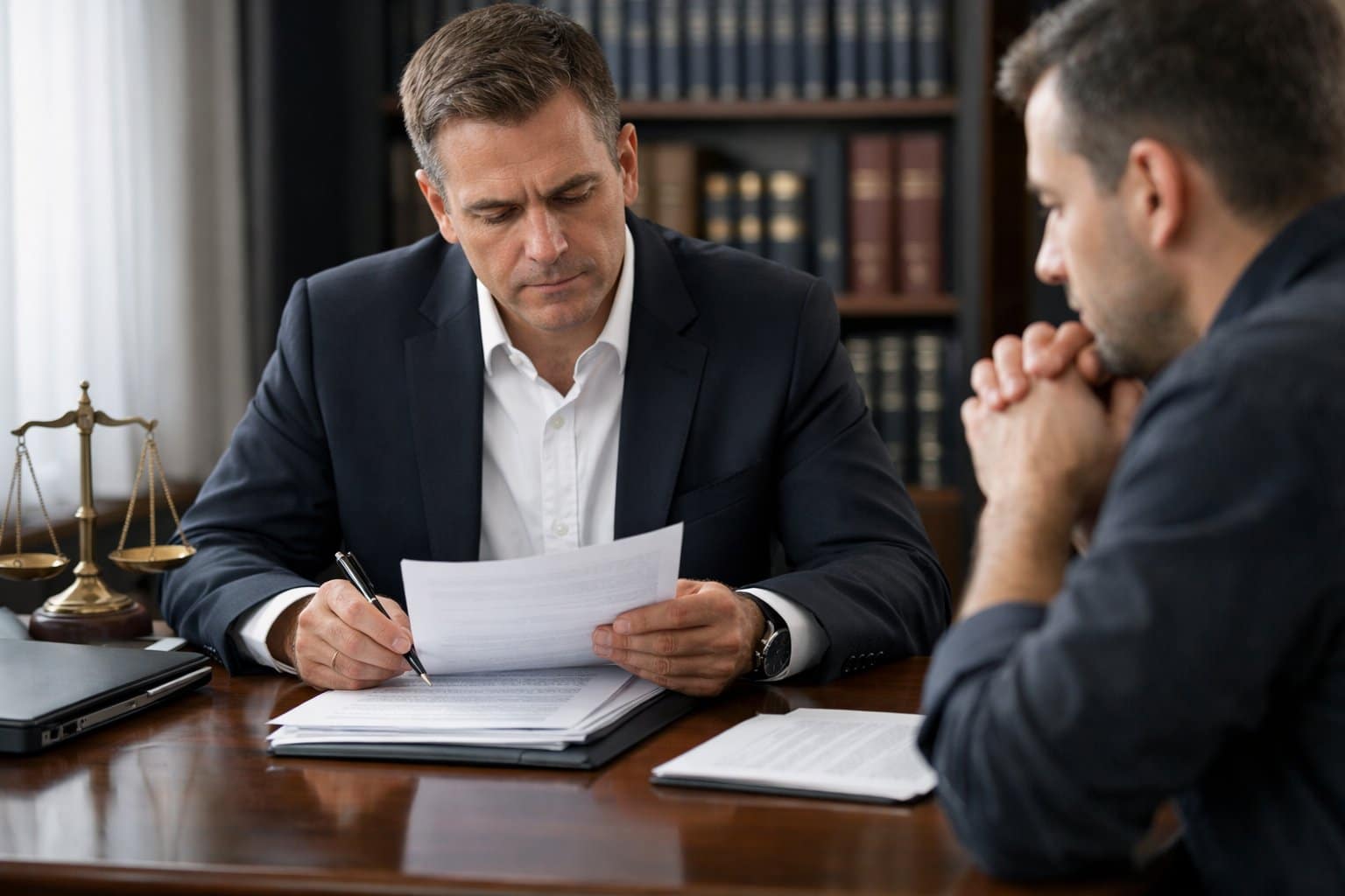 A lawyer and client discussing legal documents in a law office with bookshelves in the background.