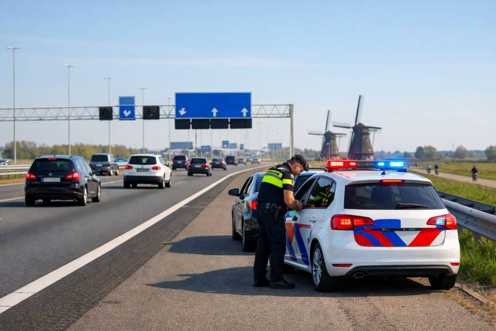 Speeding in the Netherlands: When Traffic Violations Become Criminal 2 A police officer talking to a driver beside a stopped car on a busy Dutch highway with windmills and road signs in the background.