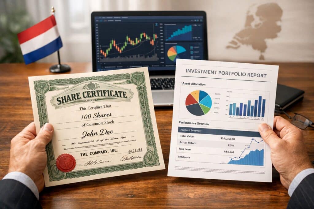 Hands holding share certificates and digital financial documents on a desk with a laptop and a small Dutch flag in the background.