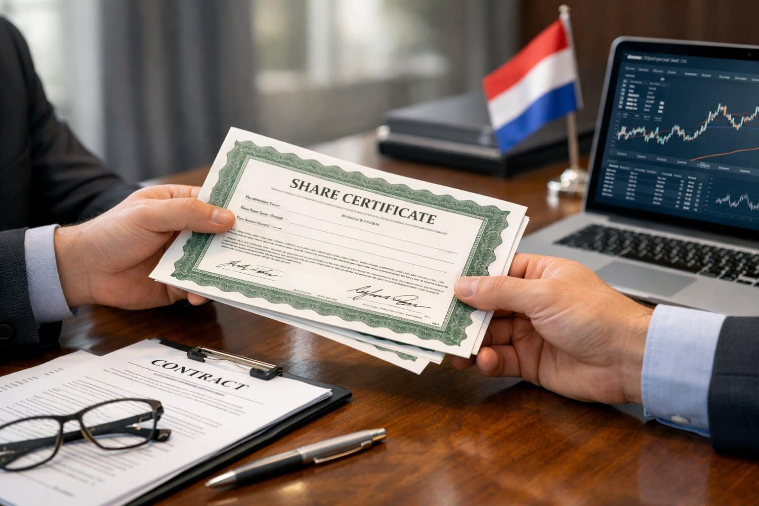 Hands exchanging share certificates over a desk with documents, a laptop, and a small Dutch flag in an office setting.