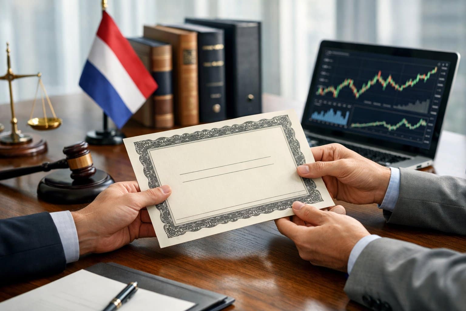 Hands exchanging a share certificate document in a modern office with legal books and a Dutch flag in the background.